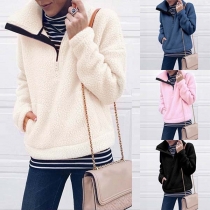 Fashion Solid Color Long Sleeve Stand Collar Plush Sweatshirt 