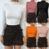 Fashion Solid Color Long Sleeve Mock Neck Slim Fit Knit Top 