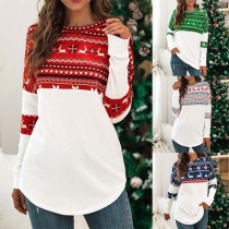 Fashion Printed Spliced Long Sleeve Round Neck T-shirt 