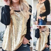 Fashion Long Sleeve Round Neck Sequin Spliced T-shirt 