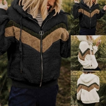 Fashion Contrast Color Long Sleeve Hooded Plush Sweatshirt Coat