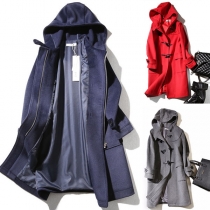 Fashion Solid Color Long Sleeve Horn Button Hooded Woolen Coat 
