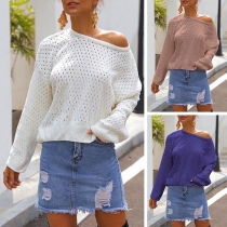 Fashion Solid Color Long Sleeve Round Neck Hollow Out Knit Top