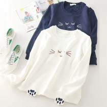 Cute Cat Embroidered Long Sleeve Round Neck Sweatshirt 