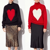 Fashion Long Sleeve Mock Neck Heart Pattern Sweater