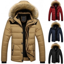 Fashion Solid Color Faux Fur Spliced Hooded Man's Padded Coat 