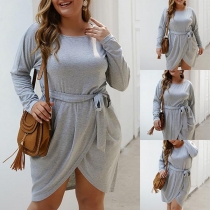 Fashion Long Sleeve Round Neck Irregular Hem Plus-size Dress