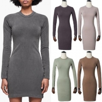 Simple Style Long Sleeve Round Neck Solid Color Slim Fit Dress
