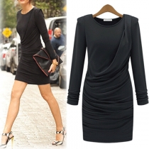 Fashion Long Sleeve Round Neck Slim Fit Wrinkled Dress