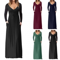 Sexy V-neck Long Sleeve High Waist Solid Color Maxi Dress