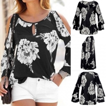 Sexy Off-shoulder Trumpet Sleeve Printed Top 