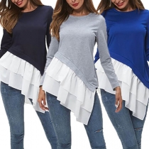 Fashion Long Sleeve Round Neck Ruffle Hem Spliced Top 