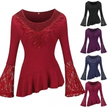 Fashion Lace Spliced Trumpet Sleeve Round Neck Irregular Hem T-shirt