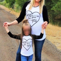 Fashion Contrast Color Long Sleeve Heart Printed Parent-child T-shirt 