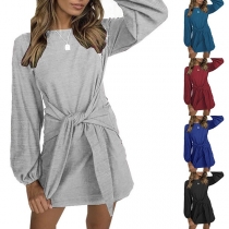 Fashion Solid Color Lantern Sleeve Round Neck Lace-up Dress