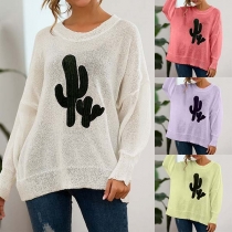 Fashion Cactus Pattern Long Sleeve Round Neck Loose Knit Top 