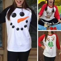 Cute Cartoon Printed Long Sleeve Round Neck Contrast Color T-shirt