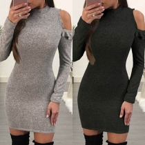 Sexy Off-shoulder Long Sleeve Mock Neck Solid Color Tight Dress