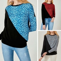 Fashion Contrast Color Long Sleeve Round Neck Leopard Spliced Sweatshirt 