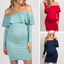 Sexy Ruffle Boat Neck Long Sleeve Solid Color Maternity Dress