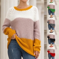 Fashion Contrast Color Long Sleeve Round Neck Loose Sweater 