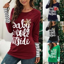 Fashion Striped Spliced Long Sleeve Round Neck Letters Printed T-shirt