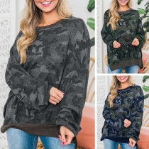 Fashion Camouflage Printed Dolman Sleeve Round Neck T-shirt 