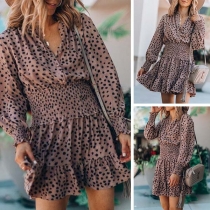 Fresh Style Long Sleeve V-neck Ruffle Hem Dots Printed Dress