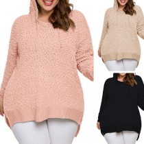 Fashion Solid Color Long Sleeve Hooded Plus-size Knit Top
