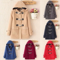Fashion Solid Color Long Sleeve Hooded Horn Button Woolen Coat