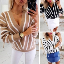 Sexy V-neck Long Sleeve Striped Knit Top 