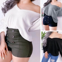 Sexy Off-shoulder V-neck Long Sleeve Solid Color Knit Top 