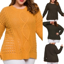 Fashion Solid Color Long Sleeve Round Neck Hollow Out Knit Top 