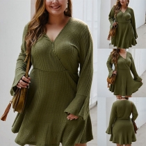 Sexy V-neck Trumpet Sleeve Ruffle Hem Solid Color Plus-size Knit Dress