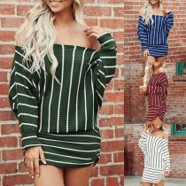 Sexy Off-shoulder Boat Neck Long Sleeve Striped Dress