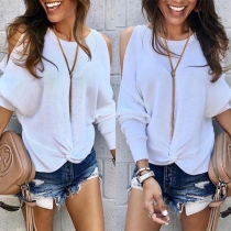 Sexy Off-shoulder Long Sleeve Round Neck Twisted Hem Knit Top