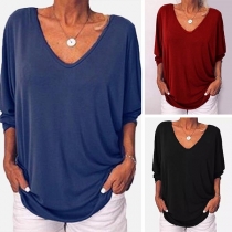 Fashion Solid Color 3/4 Sleeve V-neck Loose T-shirt 