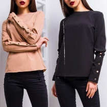 Fashion Solid Color Long Sleeve Round Neck Top 