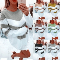 Fashion Contrast Color Long Sleeve Round Neck Loose Knit Top 