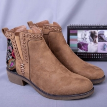 Ethnic Style Flat Heel Round Toe Embroidered Ankle Boots Booties 