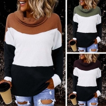 Fashion Contrast Color Long Sleeve Cowl Neck Sweater