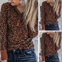 Fashion Long Sleeve V-neck Leopard Printed Knit Top 