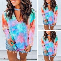 Fashion Long Sleeve V-neck Tie-dye Printed T-shirt 