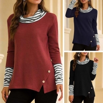Fashion Striped Spliced Long Sleeve Cowl Neck Slit Hem T-shirt 
