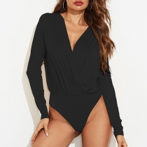 Sexy Deep V-neck Puff Sleeve Solid Color Bodysuit