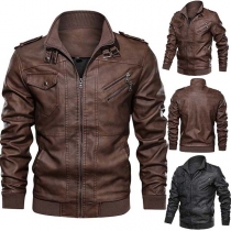 Fashion Solid Color Long Sleeve Stand Collar Man's PU Leather Jacket 