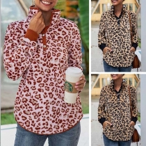 Fashion Long Sleeve Stand Collar Leopard Printed Sweatshirt
