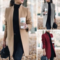 Fashion Solid Color Long Sleeve Stand Collar Woolen Coat 