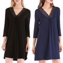 Fashion Solid Color 3/4 Sleeve Lace Spliced V-neck Dress