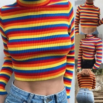 Fashion Long Sleeve Mock Neck Rainbow Striped Knit Crop Top